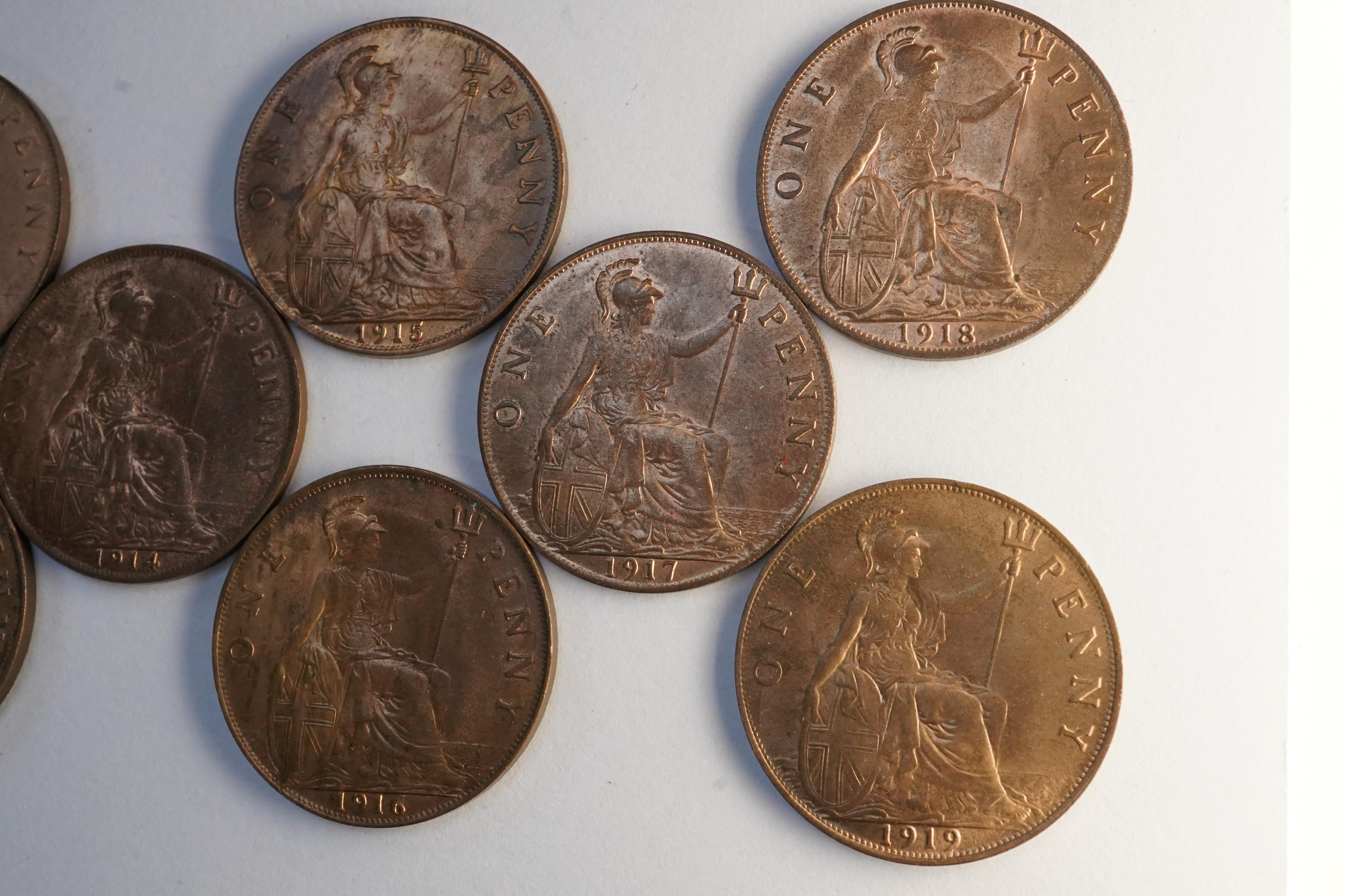 John Hill Collection., British coins, George V, a date set of bronze pennies (1911-1919), excludes Kings Norton and Heaton mint pennies, ranging from EF to UNC, the majority lustrous